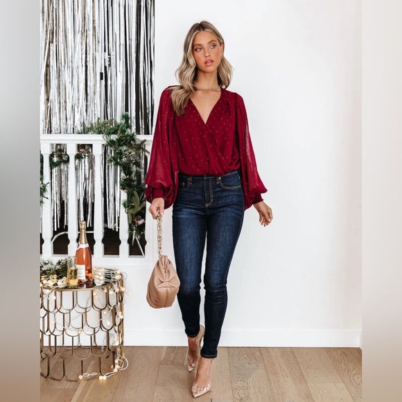 NWT Dorinda Balloon Sleeve Burgundy Bodysuit | Size XS - Picture 3 of 5